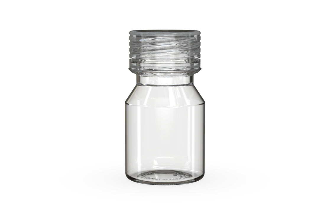 Chubby Gorilla Spiral Shot Bottle 30ml Stubby, clear natural with clear natural cap, front view
