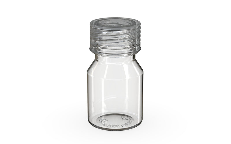 Chubby Gorilla Spiral Shot Bottle 30ml Stubby, clear natural with clear natural cap, side view