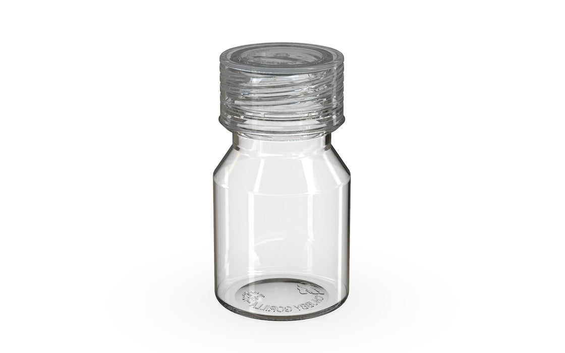 Chubby Gorilla Spiral Shot Bottle 30ml Stubby, clear natural with clear natural cap, side view