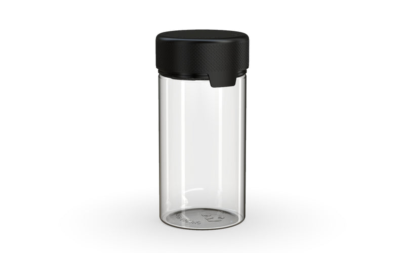 Chubby Gorilla Aviator Container 180ml, clear natural with opaque black lid, side view