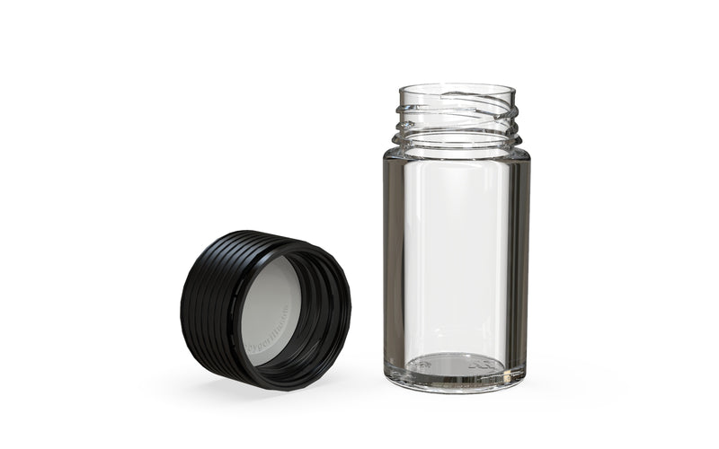 Chubby Gorilla Spiral Thick Wall Container 30ml, clear natural with opaque black lid, multiple units