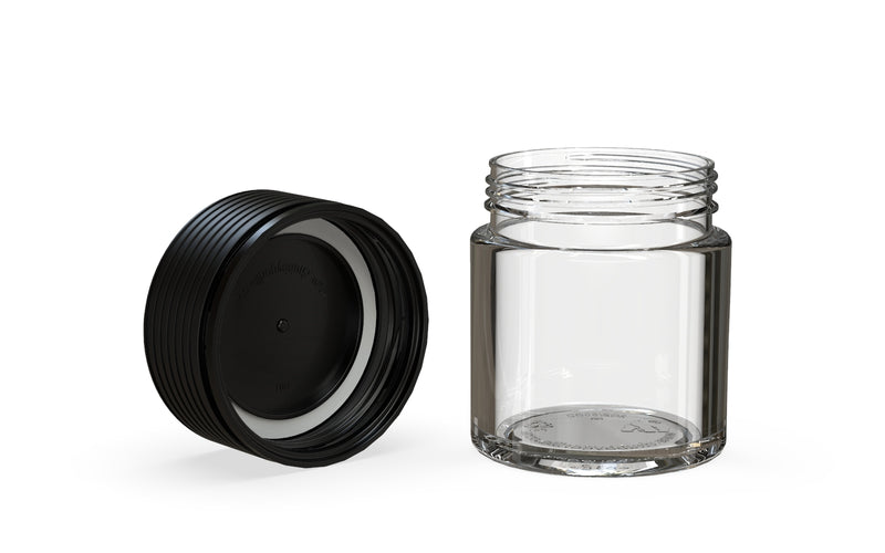 Chubby Gorilla Spiral Thick Wall Container 60ml, clear natural with opaque black lid, multiple units
