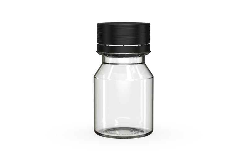Chubby Gorilla Spiral Shot Bottle 30ml Stubby, clear natural with opaque black cap, front view
