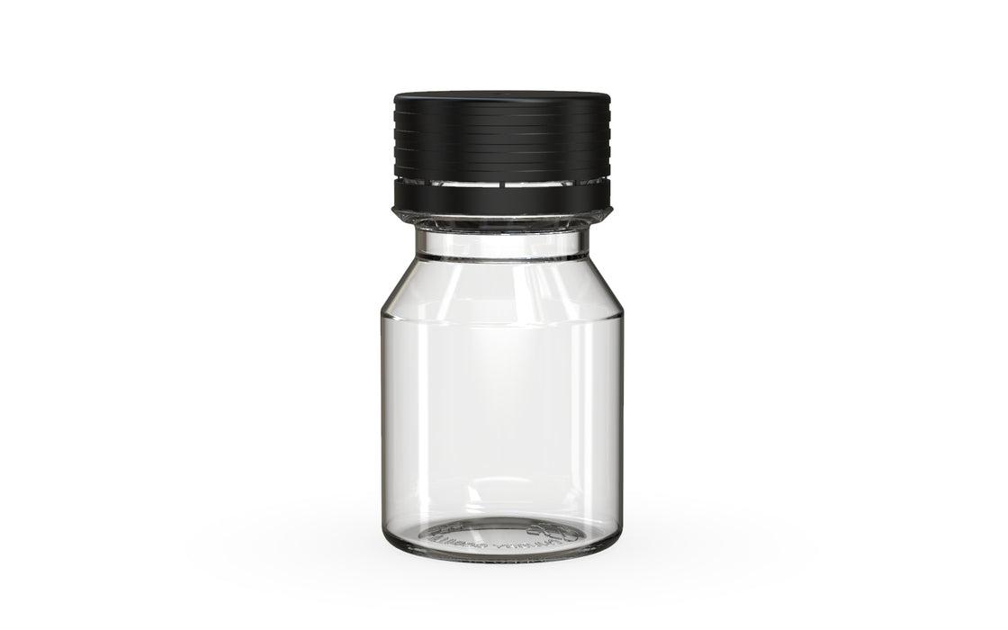 Chubby Gorilla Spiral Shot Bottle 30ml Stubby, clear natural with opaque black cap, front view