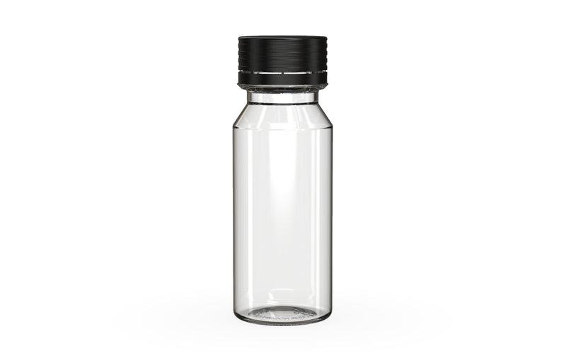 Chubby Gorilla Spiral Shot Bottle 60ml, clear natural with opaque black cap, front view