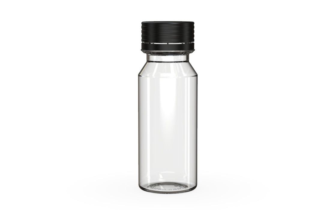 Chubby Gorilla Spiral Shot Bottle 60ml, clear natural with opaque black cap, front view