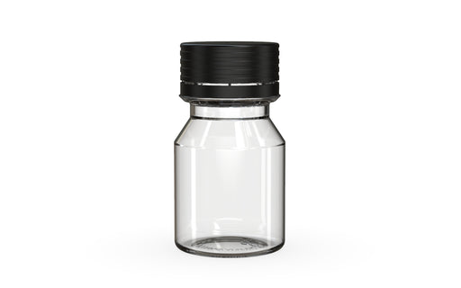 Chubby Gorilla Spiral Shot Bottle 30ml Stubby, clear natural with opaque black cap, front view