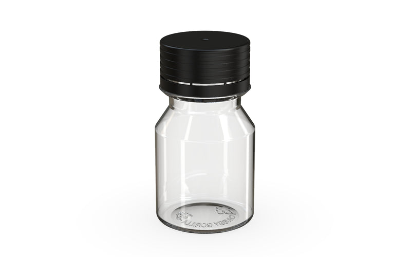 Chubby Gorilla Spiral Shot Bottle 30ml Stubby, clear natural with opaque black cap, side view