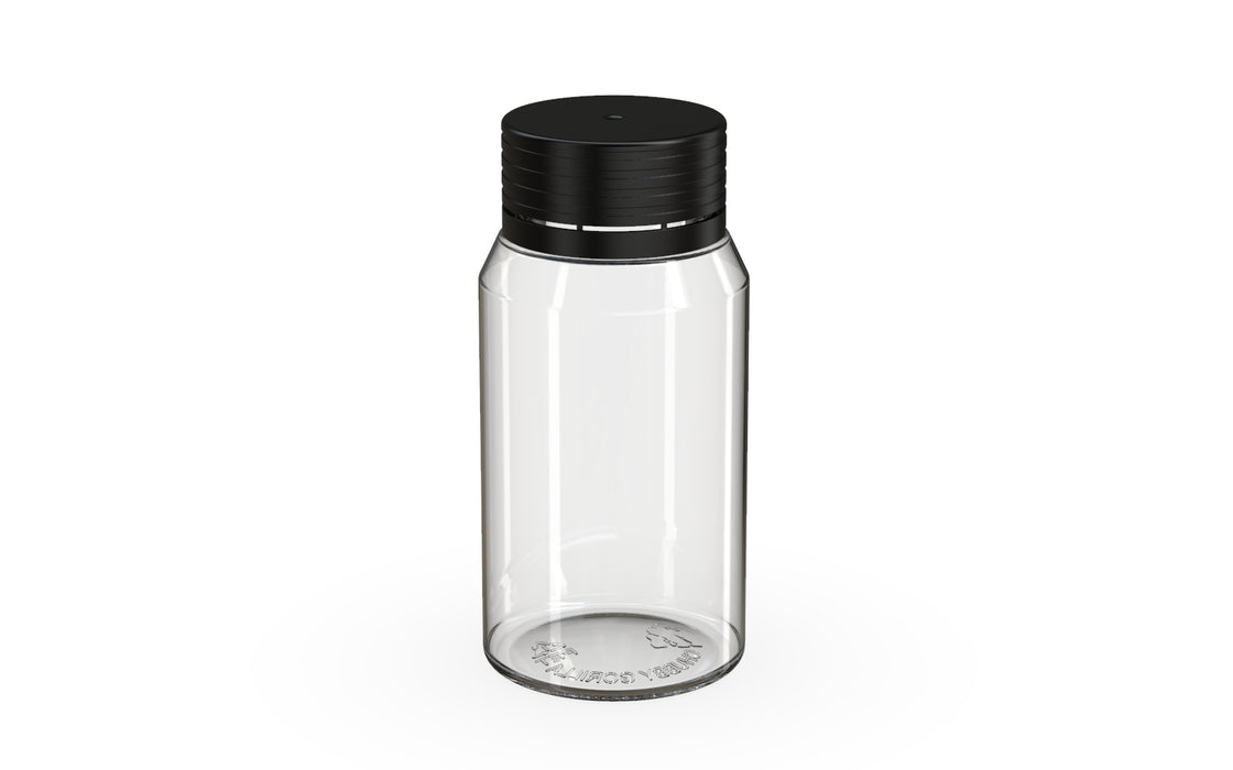 Chubby Gorilla Spiral Shot Bottle 60ml Mini, clear natural with opaque black cap, side view