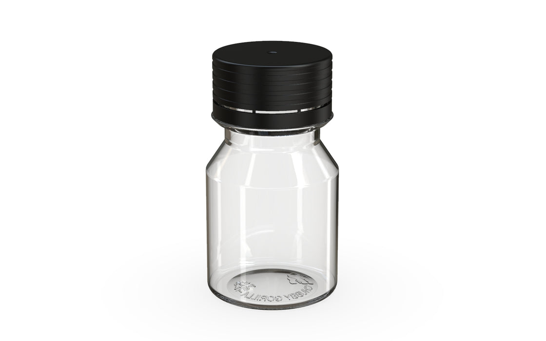 Chubby Gorilla Spiral Shot Bottle 30ml Stubby, clear natural with opaque black cap, side view