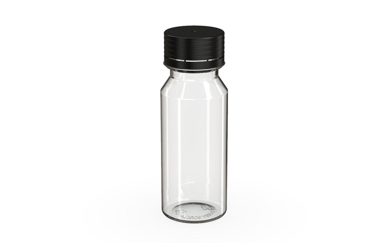 Chubby Gorilla Spiral Shot Bottle 60ml, clear natural with opaque black cap, side view