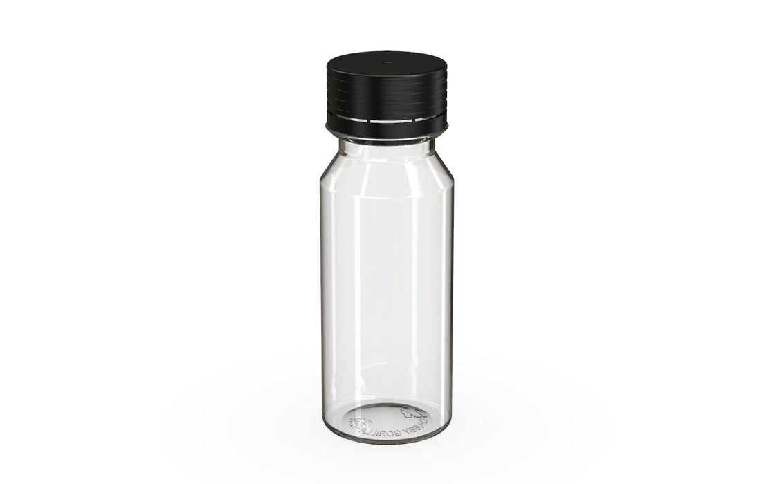 Chubby Gorilla Spiral Shot Bottle 60ml, clear natural with opaque black cap, side view