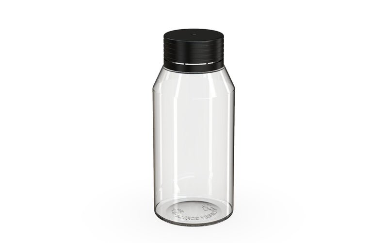 Chubby Gorilla Spiral Shot Bottle 100ml Mini, clear natural with opaque black cap, side view