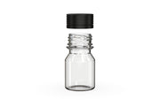 Chubby Gorilla Spiral Shot Bottle 30ml Stubby, clear natural with opaque black cap, cap detail