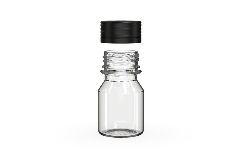 Chubby Gorilla Spiral Shot Bottle 30ml Stubby, clear natural with opaque black cap, cap detail