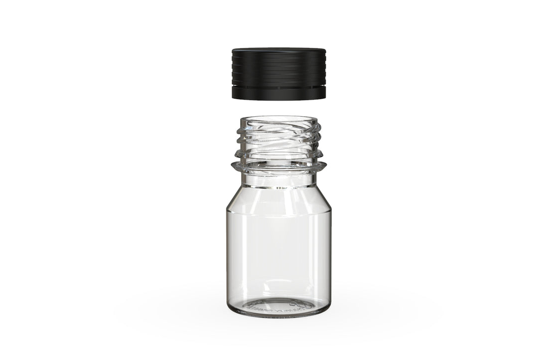 Chubby Gorilla Spiral Shot Bottle 30ml Stubby, clear natural with opaque black cap, cap detail