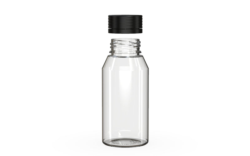 Chubby Gorilla Spiral Shot Bottle 100ml Mini, clear natural with opaque black cap, cap detail