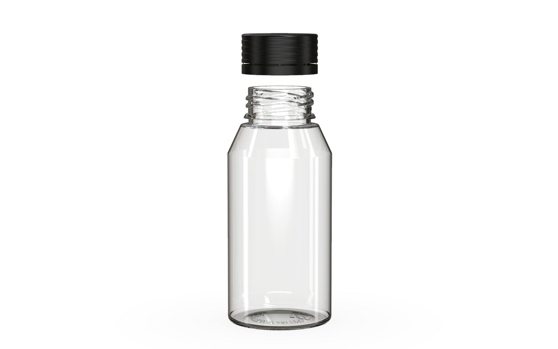 Chubby Gorilla Spiral Shot Bottle 100ml Mini, clear natural with opaque black cap, cap detail