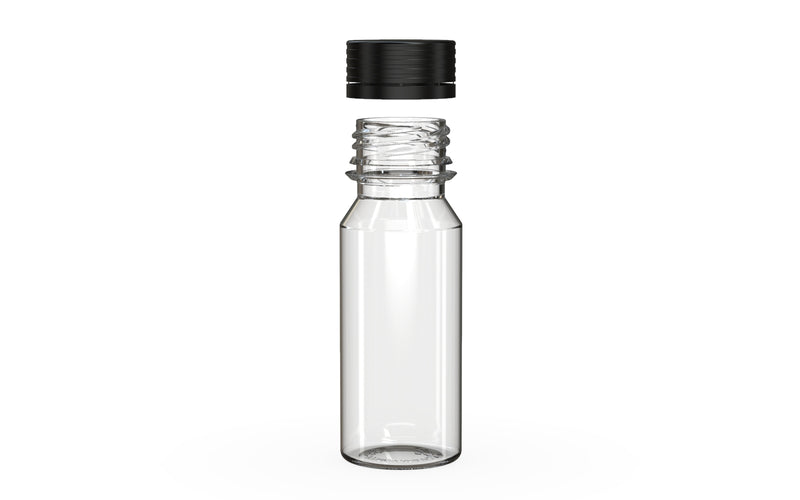 Chubby Gorilla Spiral Shot Bottle 60ml, clear natural with opaque black cap, cap detail