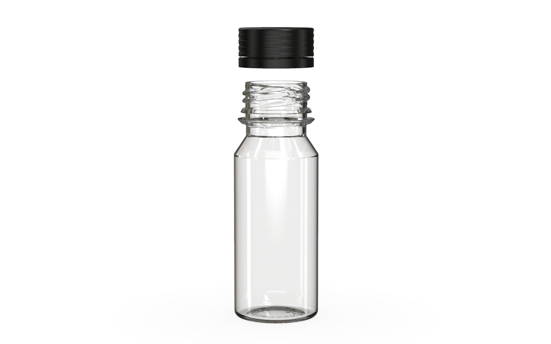 Chubby Gorilla Spiral Shot Bottle 60ml, clear natural with opaque black cap, cap detail
