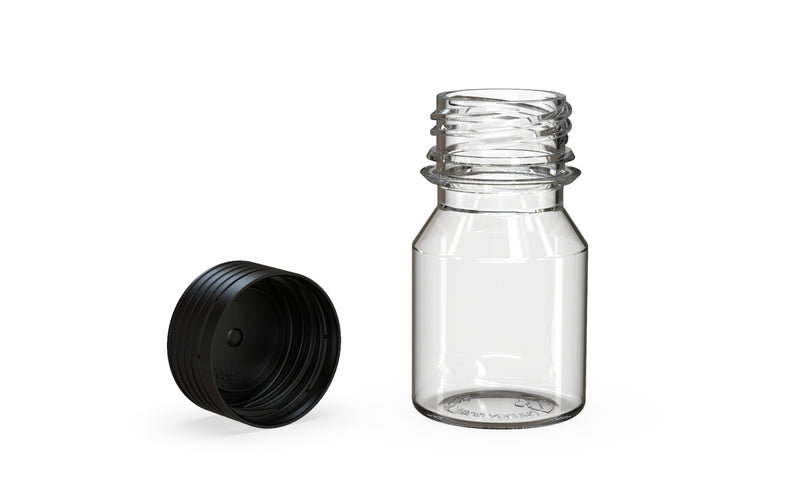 Chubby Gorilla Spiral Shot Bottle 30ml Stubby, clear natural with opaque black cap, multiple units