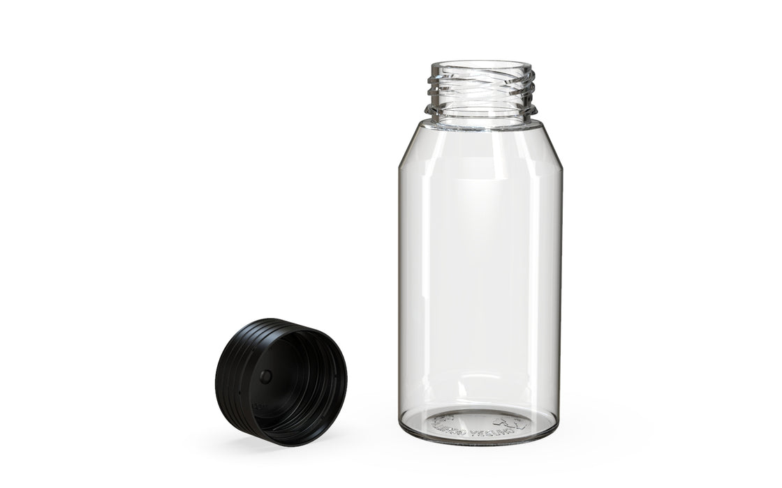 Chubby Gorilla Spiral Shot Bottle 100ml Mini, clear natural with opaque black cap, multiple units