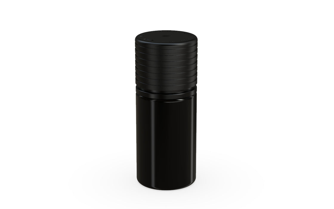 Chubby Gorilla Spiral CR 30ml Stubby bottle, opaque black with opaque black cap, side view