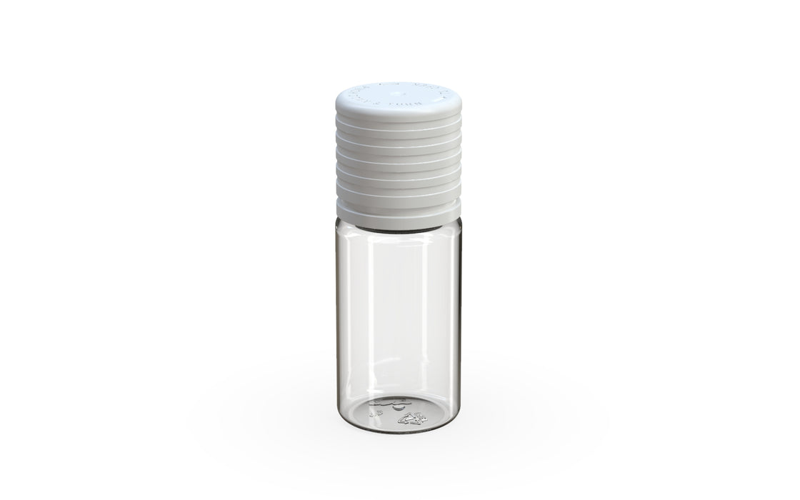Chubby Gorilla Spiral CR 10ML unicorn bottle, clear natural bottle with opaque white child-resistant cap, side view
