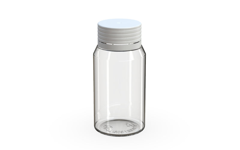 Spiral CR Shot Bottle 60ml Mini Clear Natural with Opaque White Cap, side view