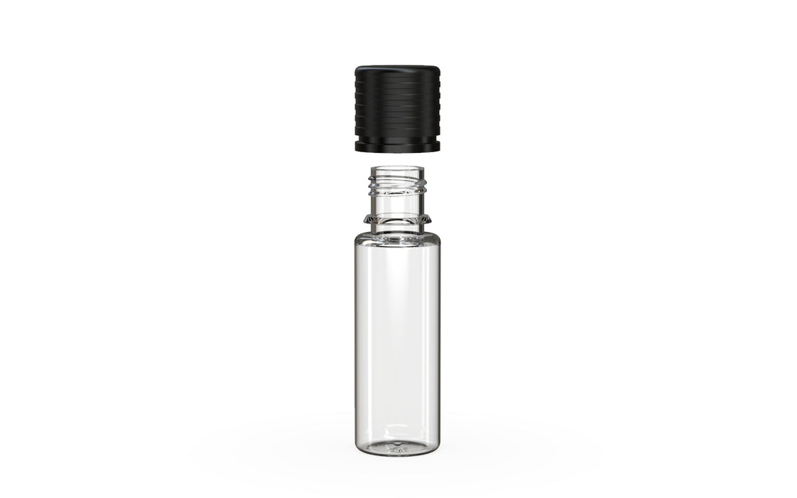 Chubby Gorilla Spiral CR 16.5ML unicorn bottle, clear natural bottle with opaque black child-resistant cap, cap detail