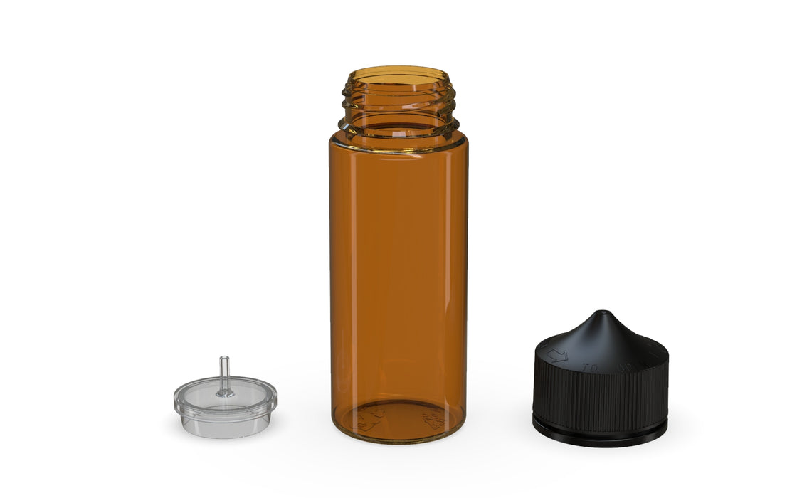 Chubby Gorilla Unicorn 120ml bottle, translucent amber with opaque black cap, multiple units