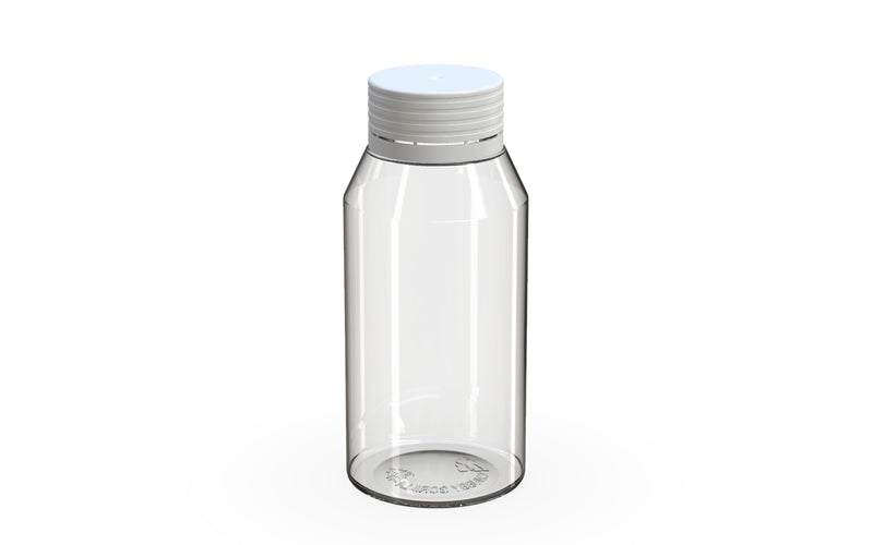 Spiral CR Shot Bottle 100ml Mini Clear Natural with Opaque White Cap, side view