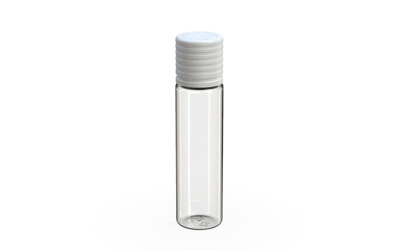 Chubby Gorilla Spiral CR 20ML unicorn bottle, clear natural bottle with opaque white child-resistant cap, side view