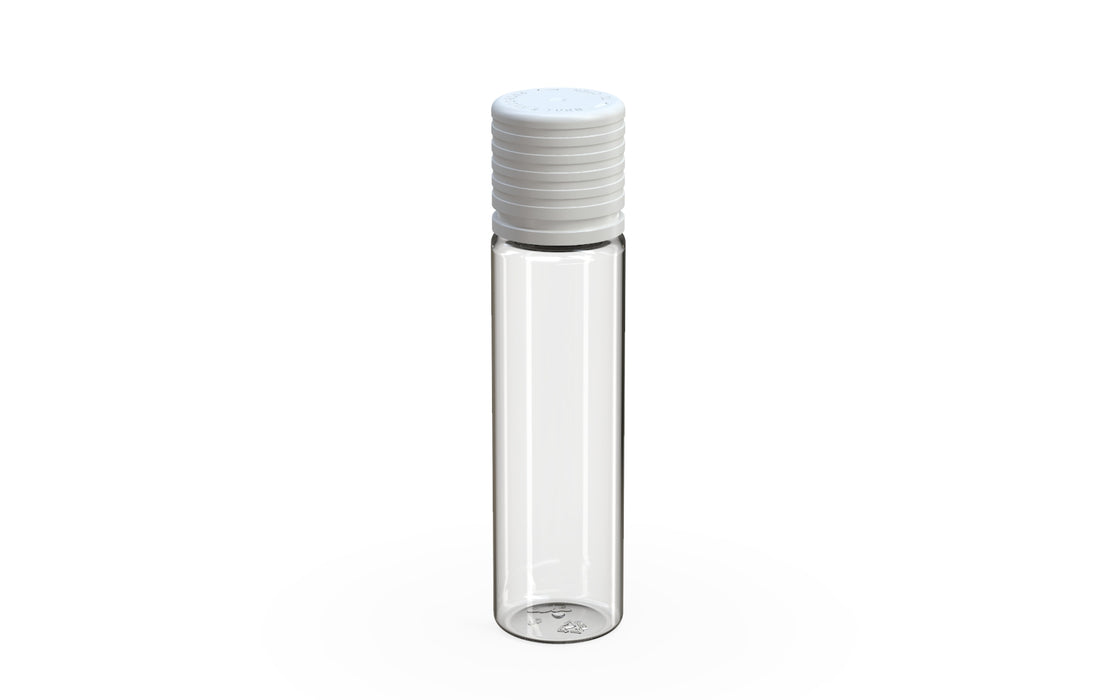 Chubby Gorilla Spiral CR 20ML unicorn bottle, clear natural bottle with opaque white child-resistant cap, side view