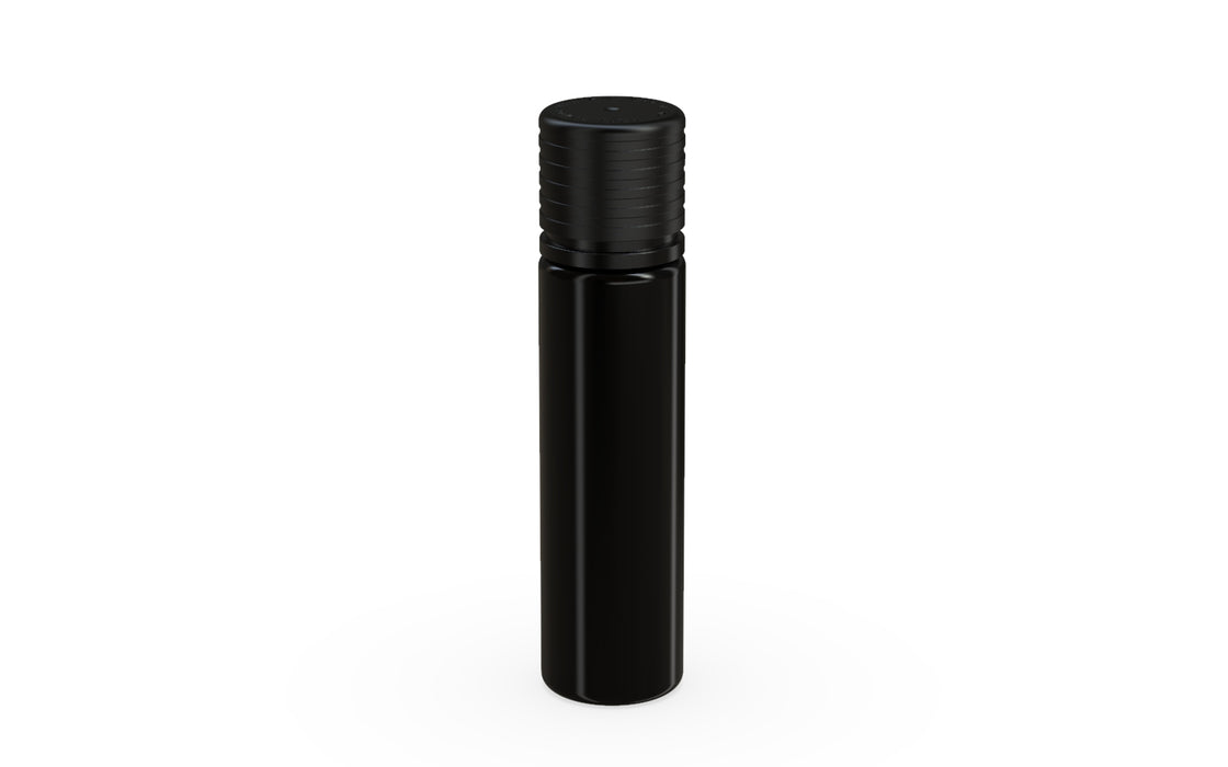 Chubby Gorilla Spiral CR 20ML unicorn bottle, opaque black bottle with opaque black child-resistant cap, side view