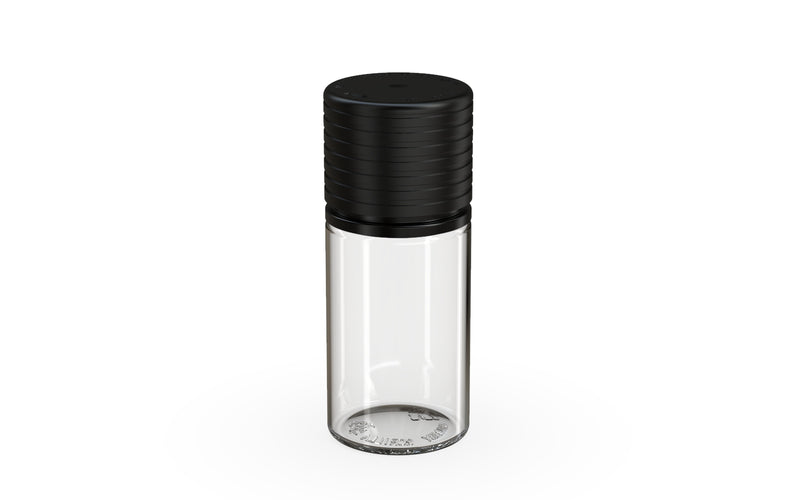 Chubby Gorilla Spiral CR 30ml Stubby bottle, clear natural with opaque black cap, side view