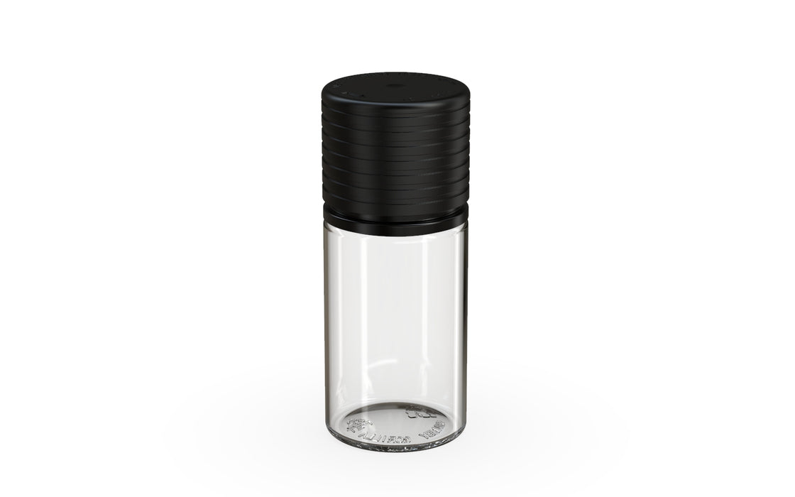 Chubby Gorilla Spiral CR 30ml Stubby bottle, clear natural with opaque black cap, side view