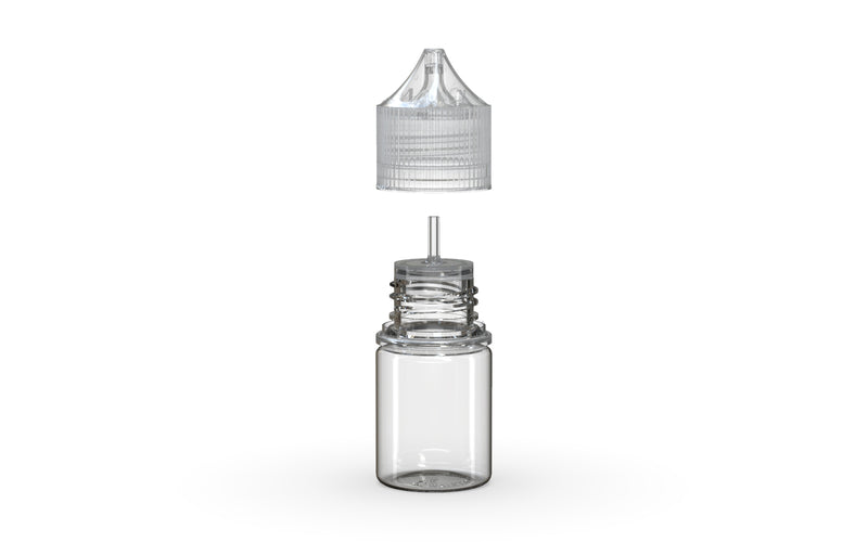 Chubby Gorilla Unicorn 20ml Stubby bottle, clear natural with clear natural cap, side view
