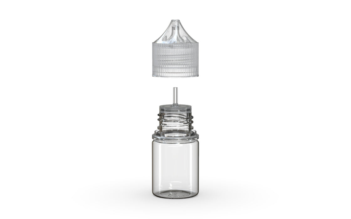 Chubby Gorilla Unicorn 20ml Stubby bottle, clear natural with clear natural cap, side view