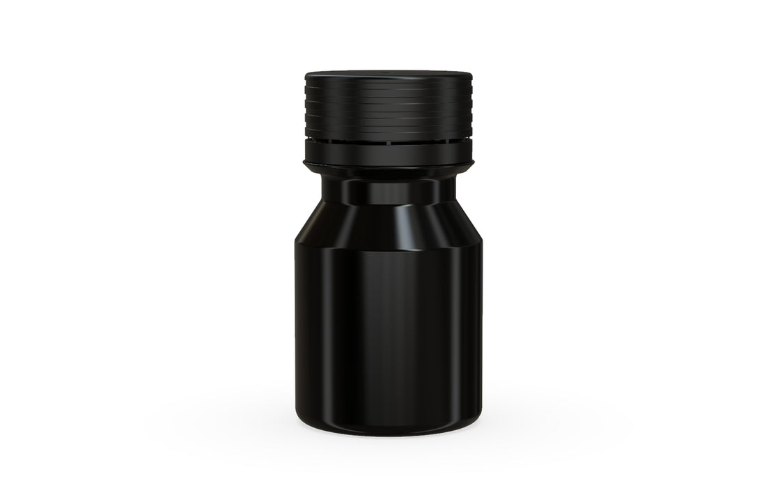 Chubby Gorilla Spiral Shot Bottle 30ml Stubby, solid opaque black, front view