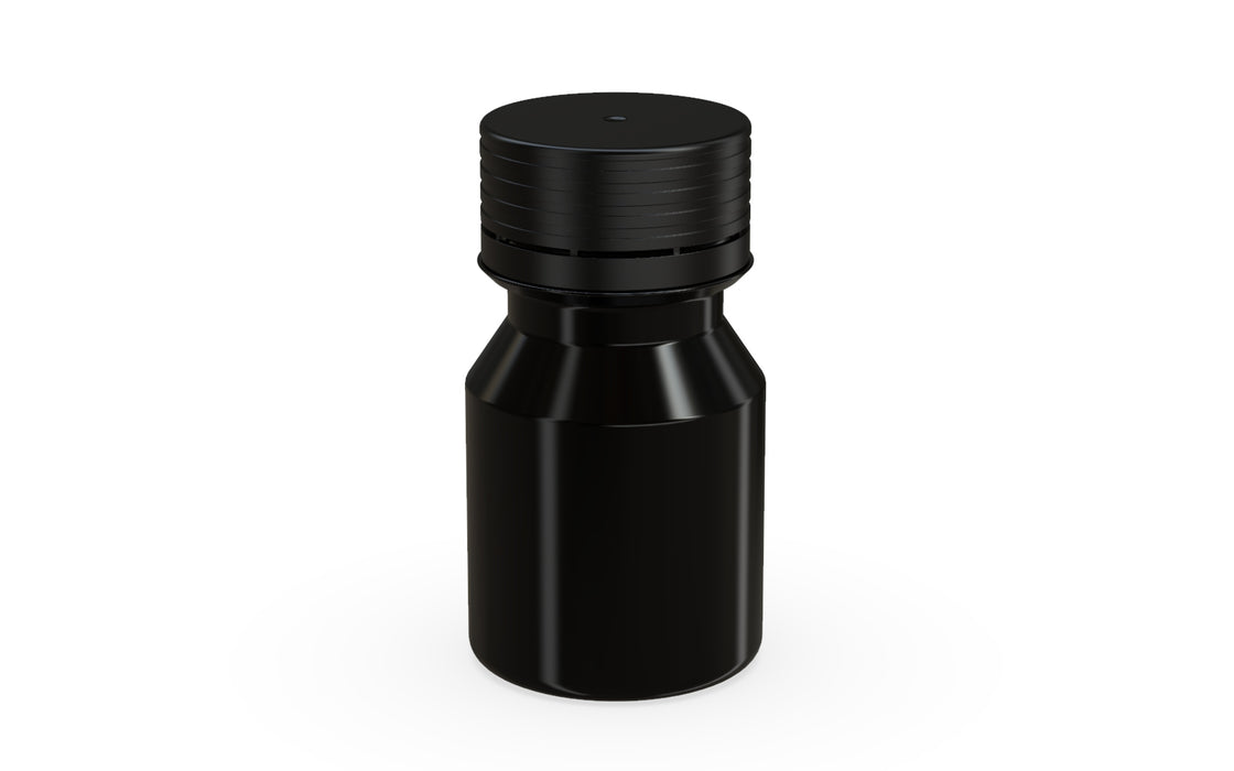 Chubby Gorilla Spiral Shot Bottle 30ml Stubby, solid opaque black, side view