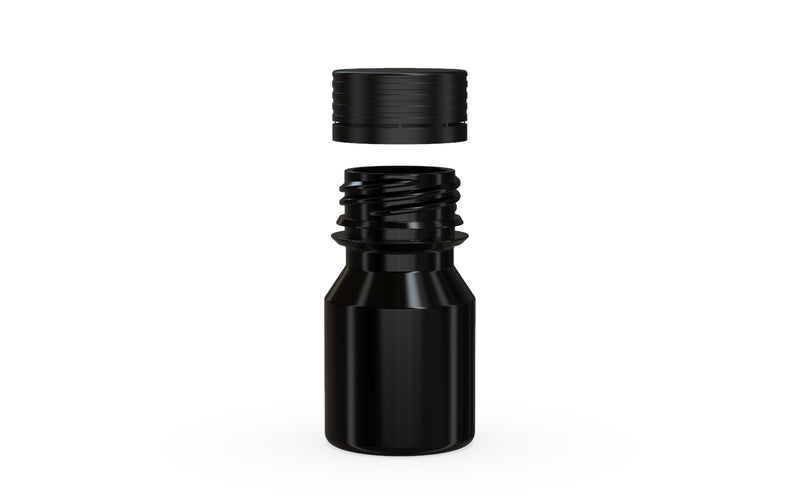 Chubby Gorilla Spiral Shot Bottle 30ml Stubby, solid opaque black, cap detail
