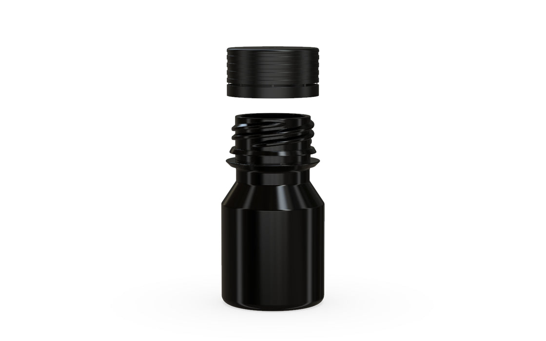 Chubby Gorilla Spiral Shot Bottle 30ml Stubby, solid opaque black, cap detail