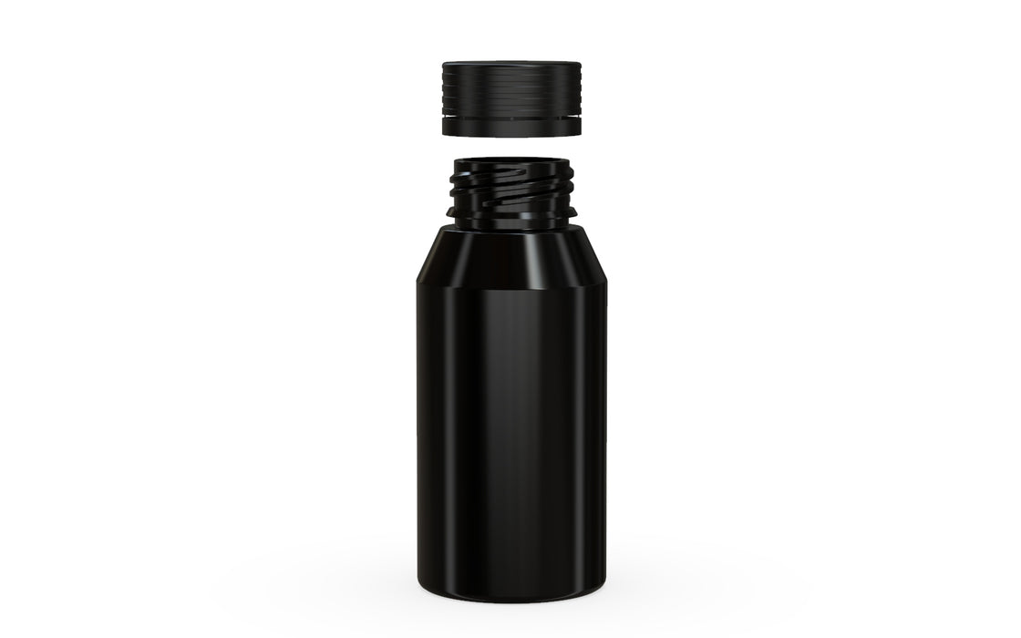 Chubby Gorilla Spiral Shot Bottle 100ml Mini, solid opaque black, cap detail