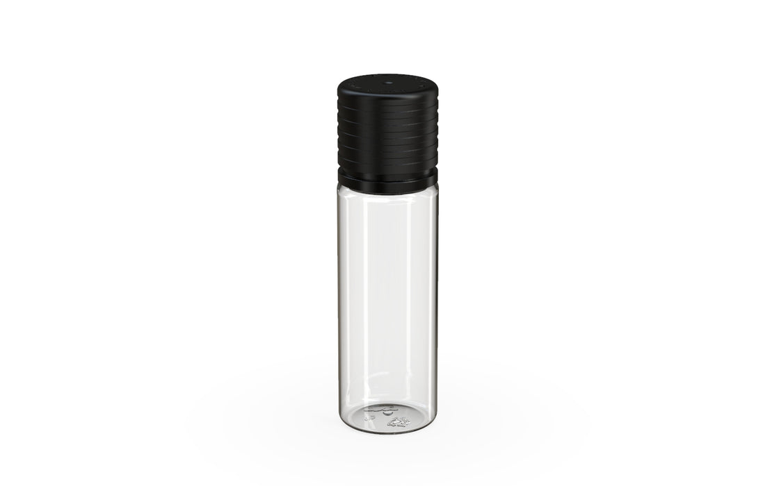 Chubby Gorilla Spiral CR 16.5ML unicorn bottle, clear natural bottle with opaque black child-resistant cap, side view