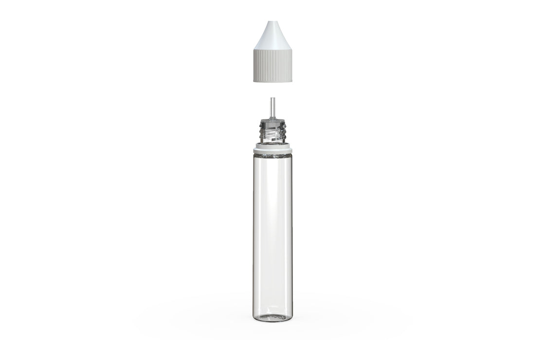 Chubby Gorilla Unicorn 30ml bottle, clear natural with opaque white cap, side view