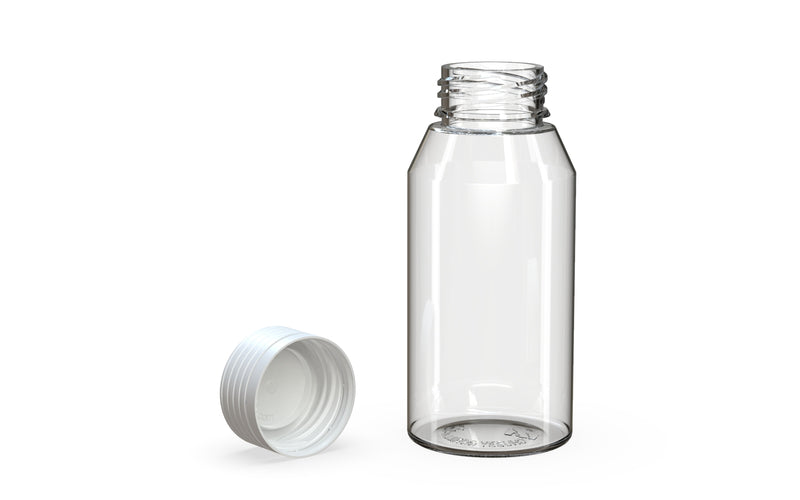 Spiral CR Shot Bottle 100ml Mini Clear Natural with Opaque White Cap, multiple units