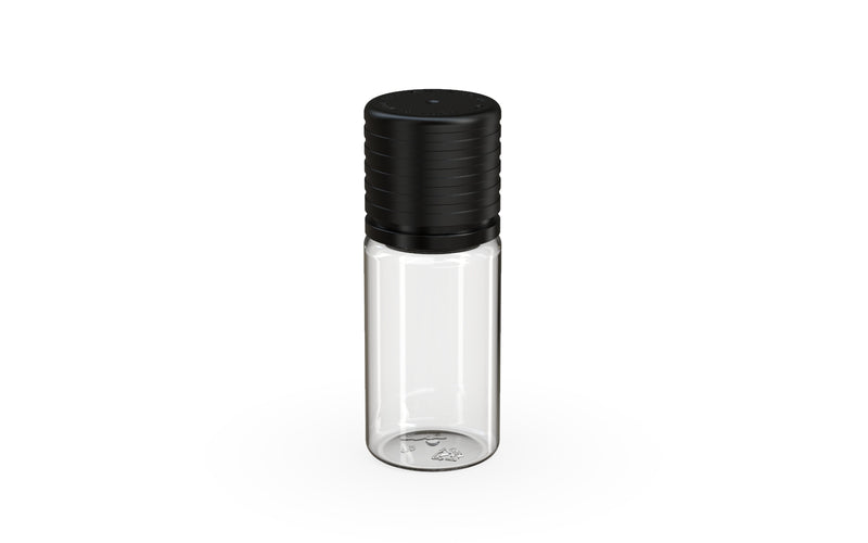 Chubby Gorilla Spiral CR 10ML unicorn bottle, clear natural bottle with opaque black child-resistant cap, side view
