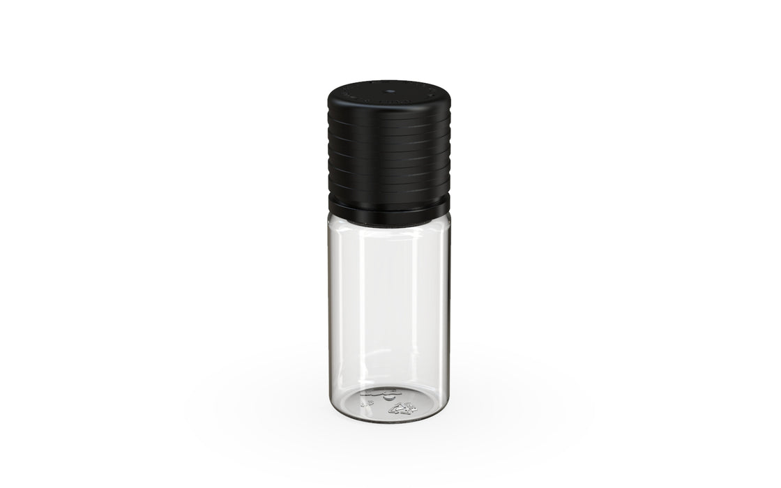 Chubby Gorilla Spiral CR 10ML unicorn bottle, clear natural bottle with opaque black child-resistant cap, side view