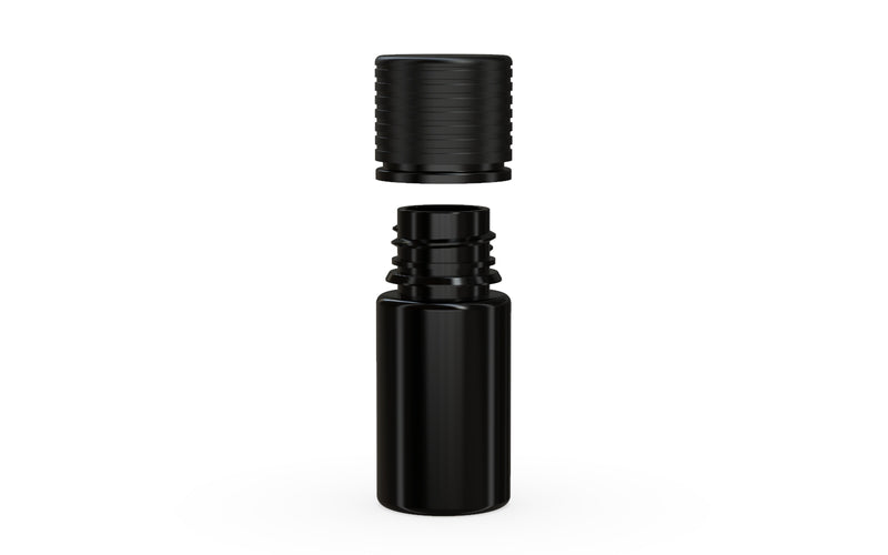 Chubby Gorilla Spiral CR 30ml Stubby bottle, opaque black with opaque black cap, cap detail